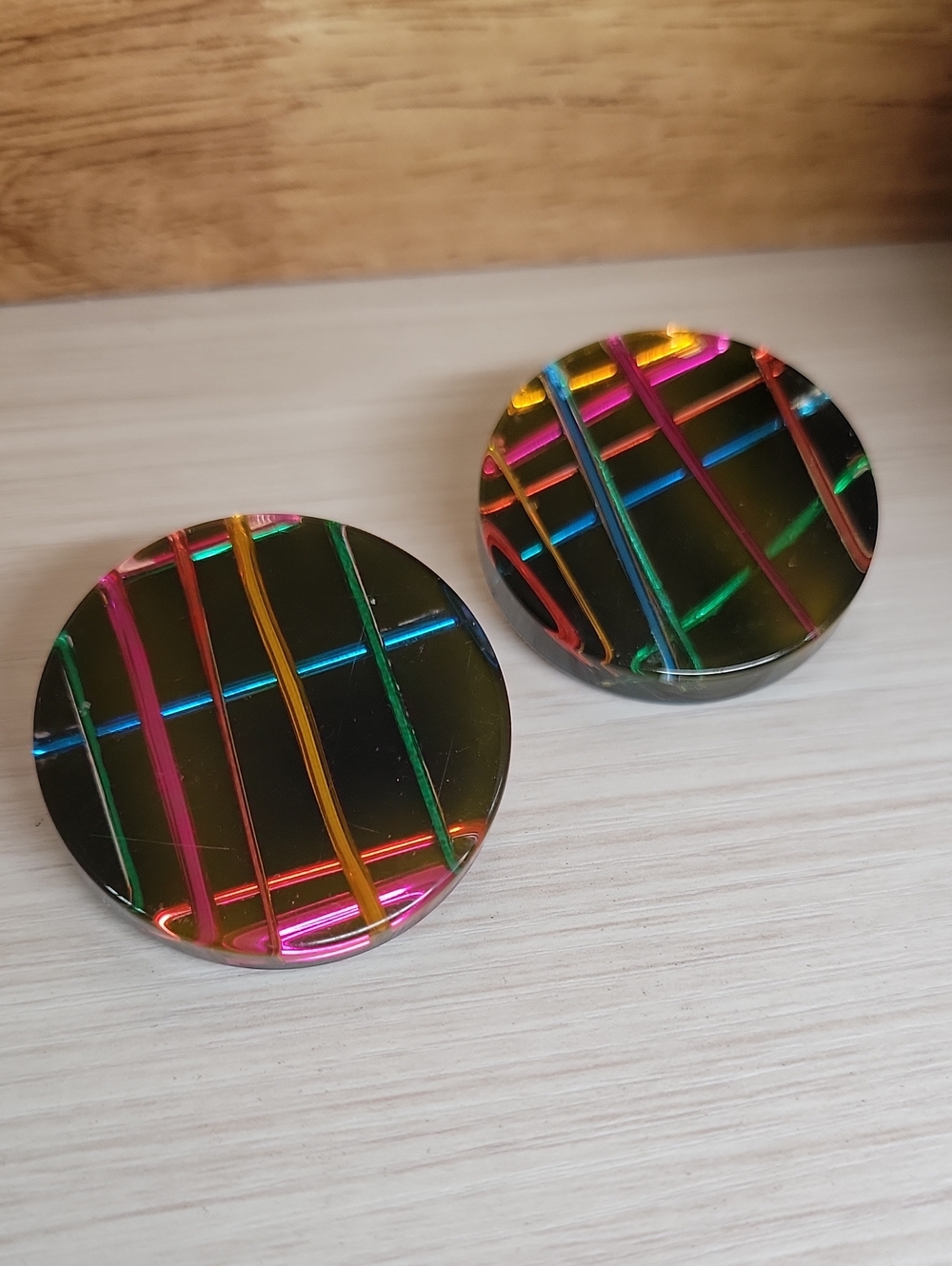 Sobral Brazil Vintage Retroz Neon Stripe Resin Disc Pierced Post Earrings